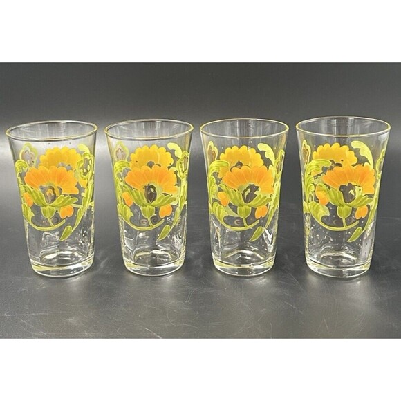 Vintage Hand-Painted Floral Juice Glasses made in Japan Orange Green Gold Dots - Picture 1 of 11